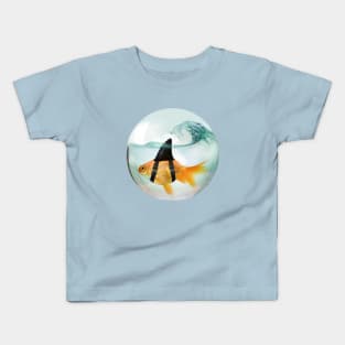 Goldfish with a Shark Fin Riding a Wave Kids T-Shirt